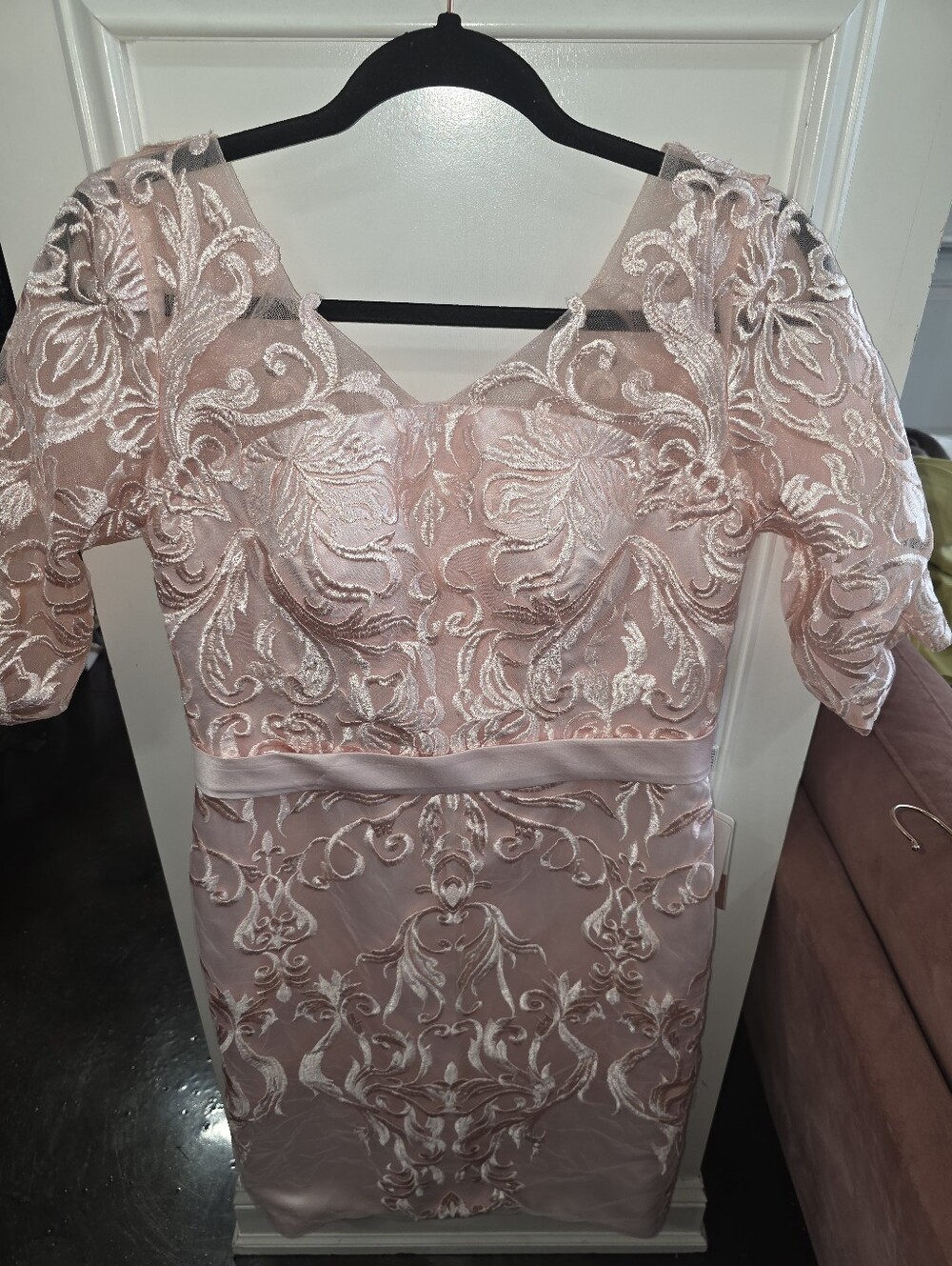 Blush Pink Embroidered Midi Dress with Satin Waistband